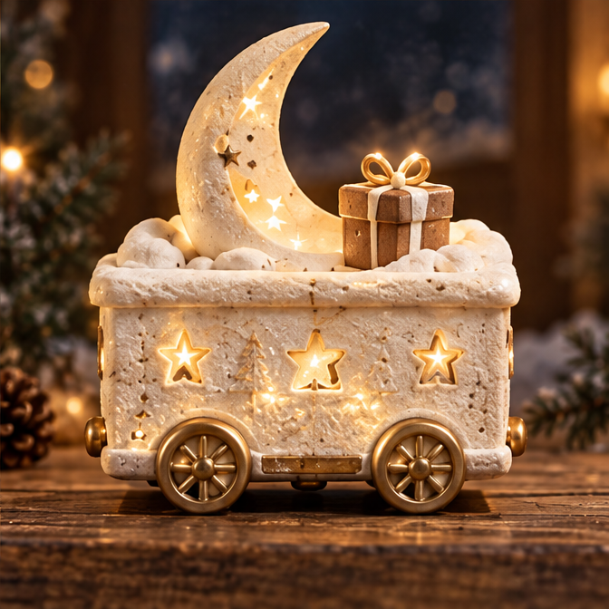 Glowing crescent moon and gold-tone gift box on a cream Christmas train car with star openings.