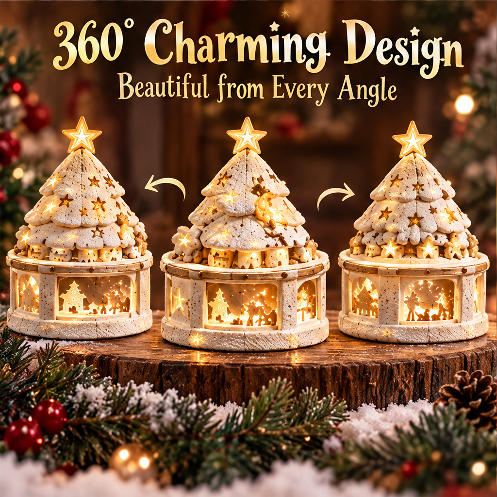 Close-up of snowy tree branches, a glowing star topper, gold-tone accents and little animal figures.