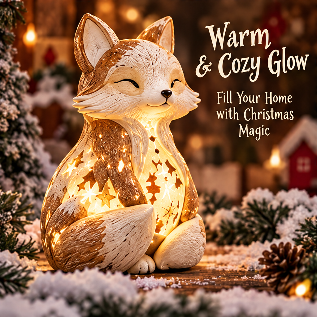 Front view of the smiling Christmas fox with warm light shining through star and tree openings