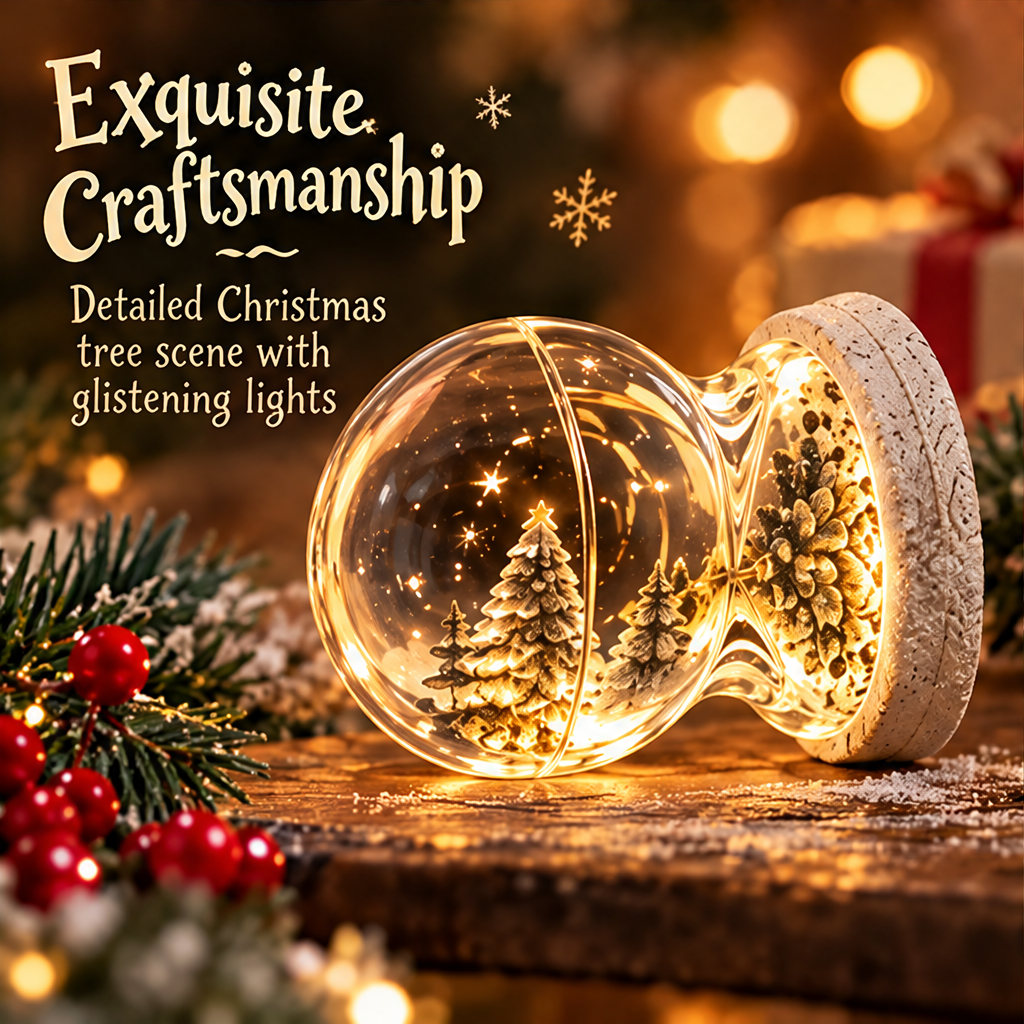 Upright illuminated Christmas tree hourglass decoration with text describing its 360-degree view.