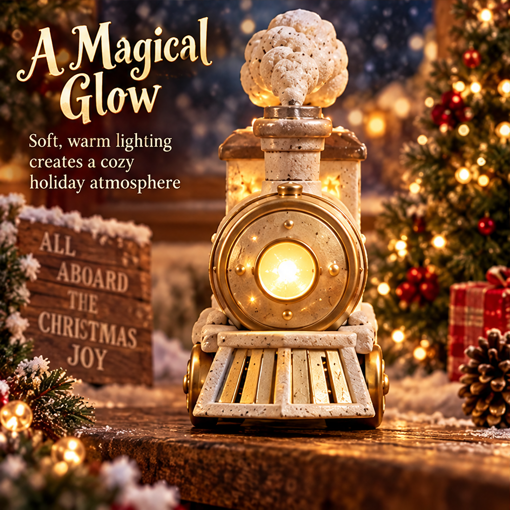 Front view of the Christmas train with a glowing headlight and text describing its soft, warm lighting.