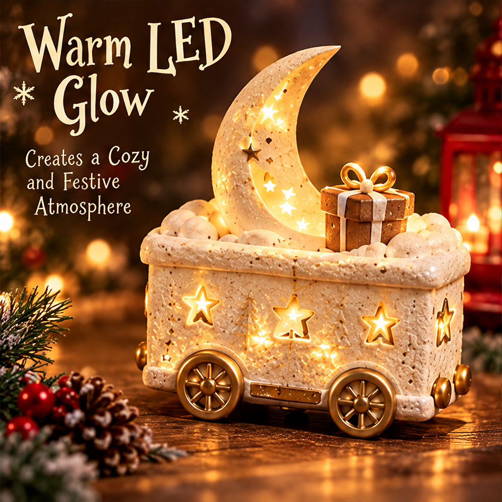Angled moon and gift train car with text describing its warm LED glow and cozy festive atmosphere.