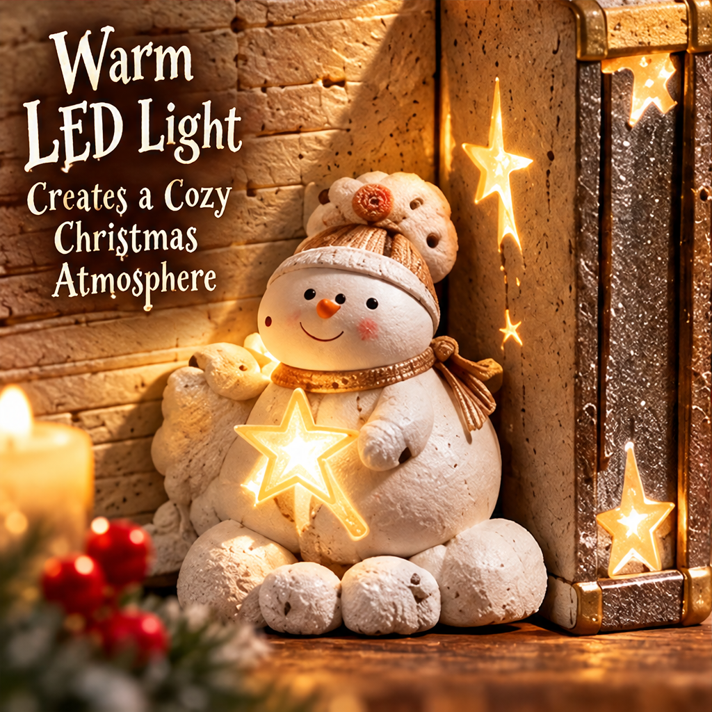 Angled view showing star openings, gold-tone edging and the snowman beside the book-shaped decoration.