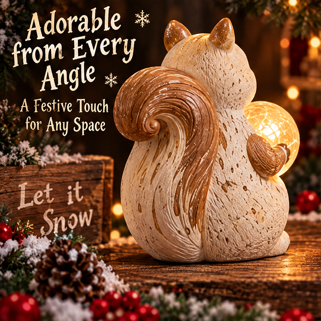 Rear view of the Christmas squirrel showing its large curled brown-gold tail and textured cream body