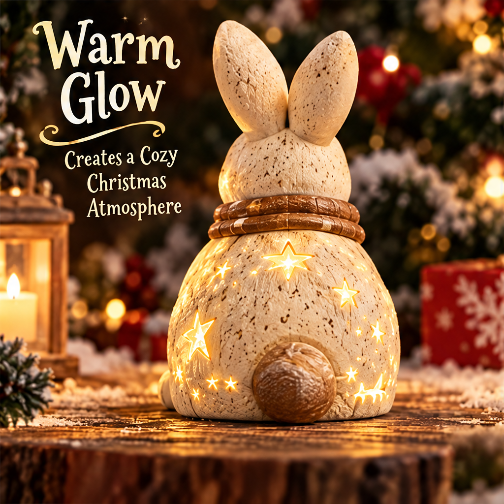 Rear view of the Christmas bunny showing its rounded brown-gold tail and warm glowing stars