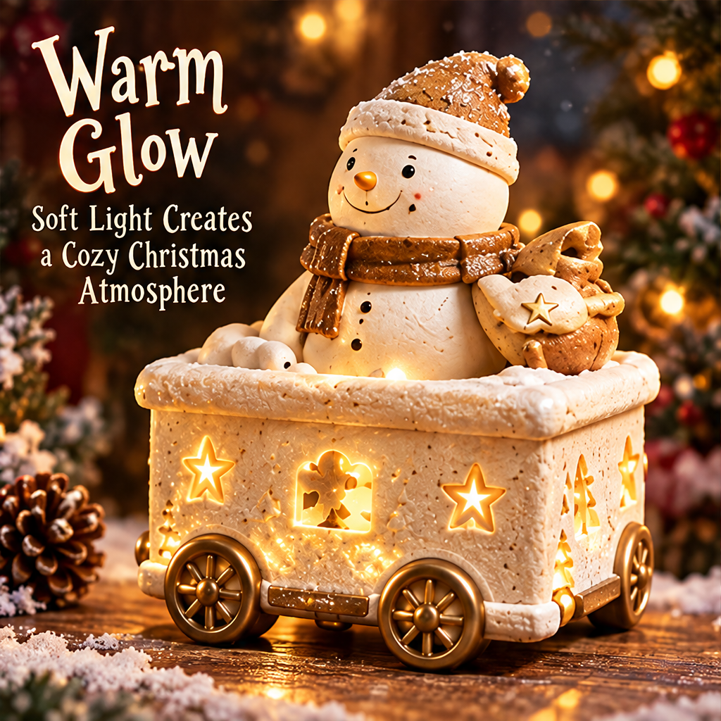 Angled snowman train car view with glowing stars and text describing a soft, warm Christmas glow.