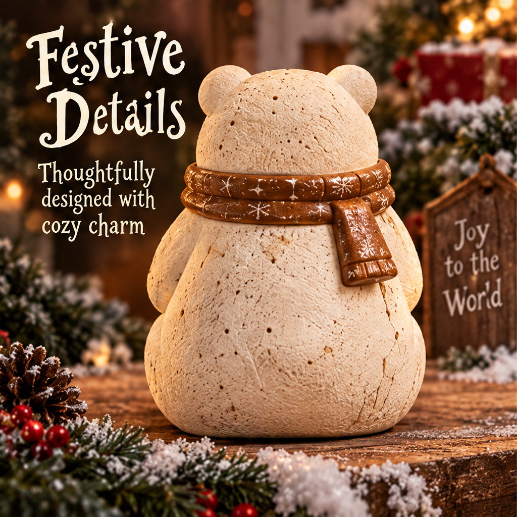 Rear view of the cream-colored Christmas bear showing its rounded shape and brown-gold scarf with pale motifs