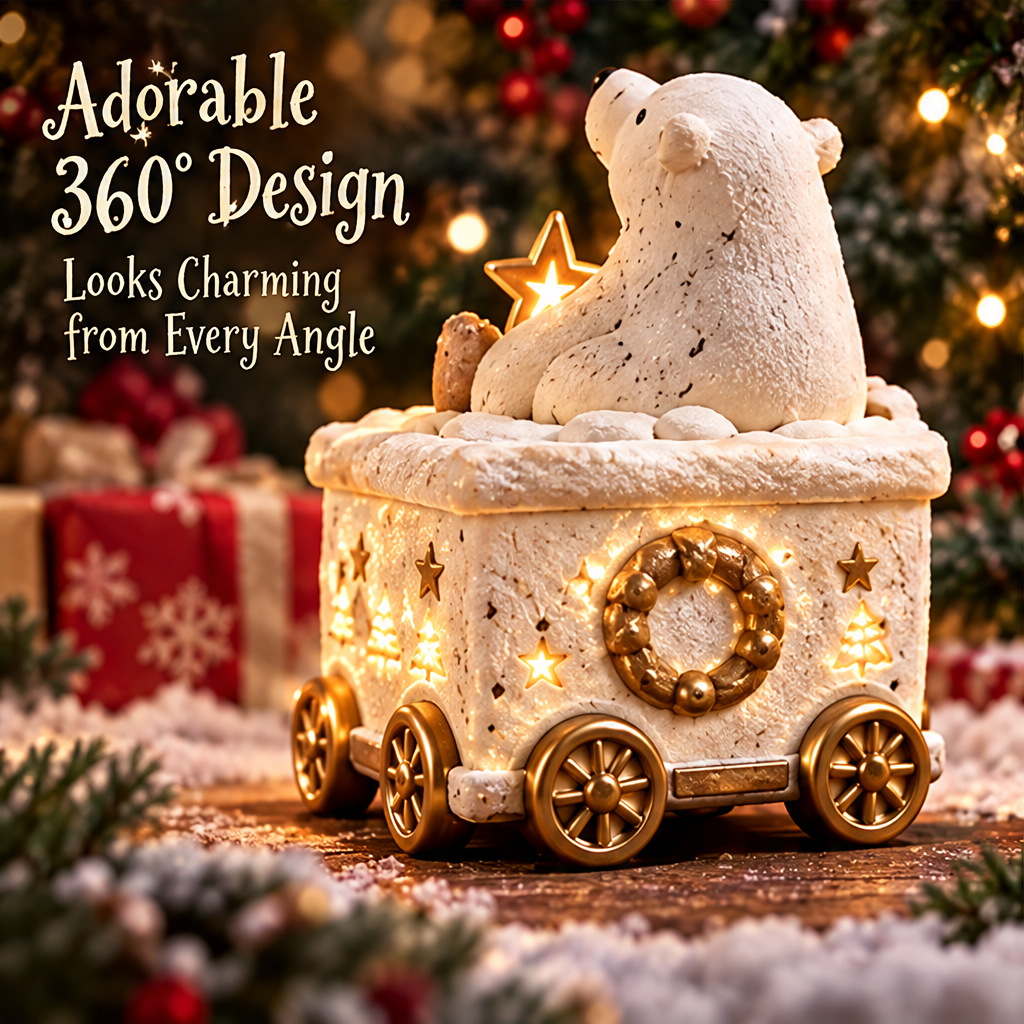 Rear view of the polar bear train car showing a gold-tone wreath and text describing its 360-degree design.