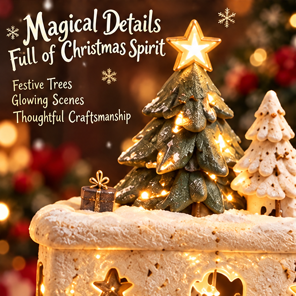 Close-up of the green Christmas tree, glowing star topper, white tree and miniature gift detail.