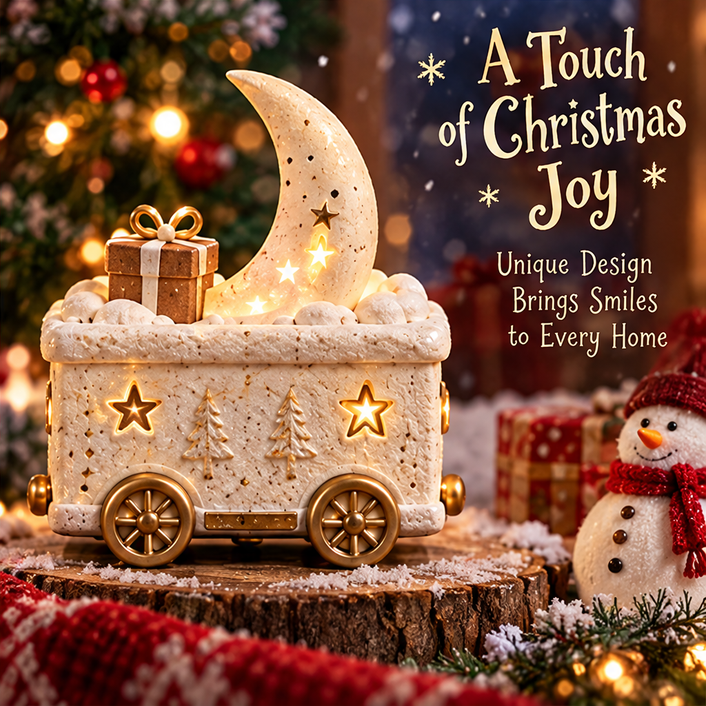Opposite view of the moon and gift Christmas train car with A Touch of Christmas Joy text.