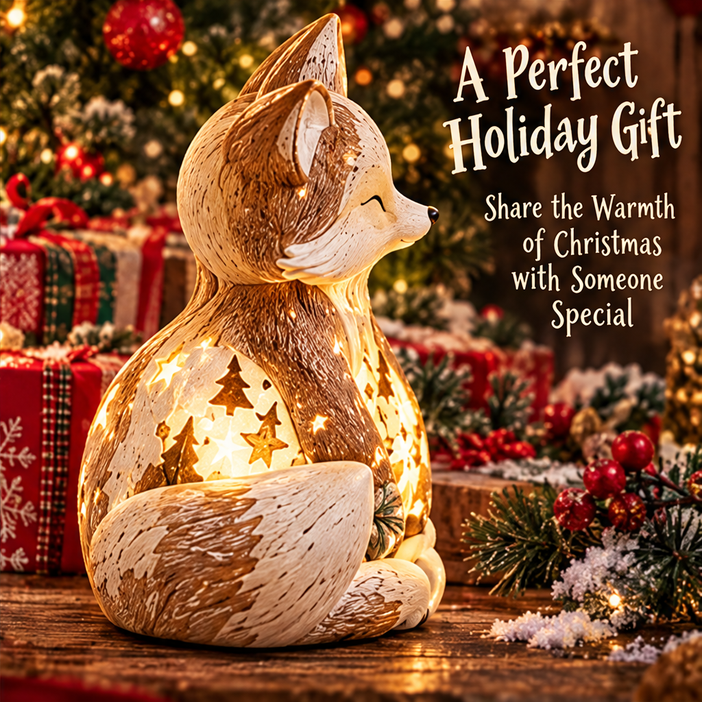 Angled side view of the glowing Christmas fox with its cream-tipped tail and festive tree details