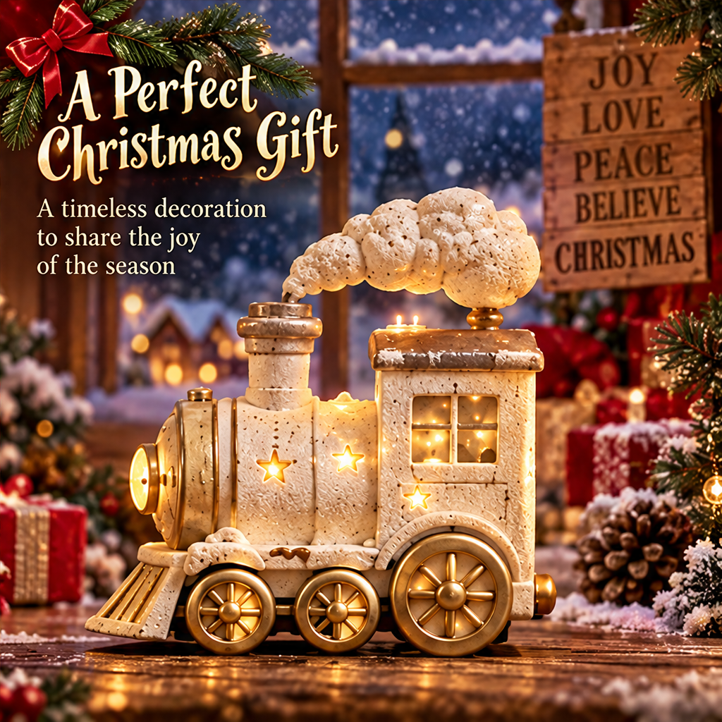 Side view of the glowing Christmas train surrounded by gifts, with text presenting it as a Christmas gift.
