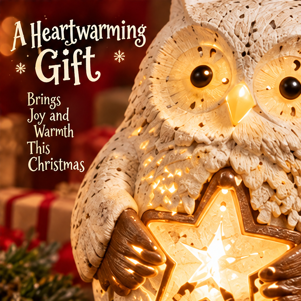 Close-up of the Christmas owl's round eyes, textured feathers, and glowing star held at its chest