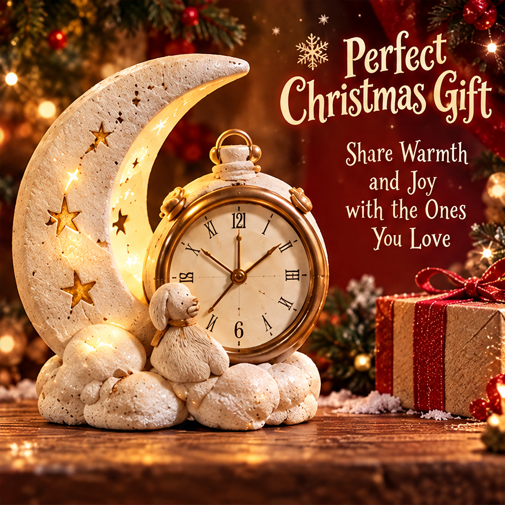 Moon and clock-face decoration beside wrapped gifts with text about sharing Christmas warmth and joy.