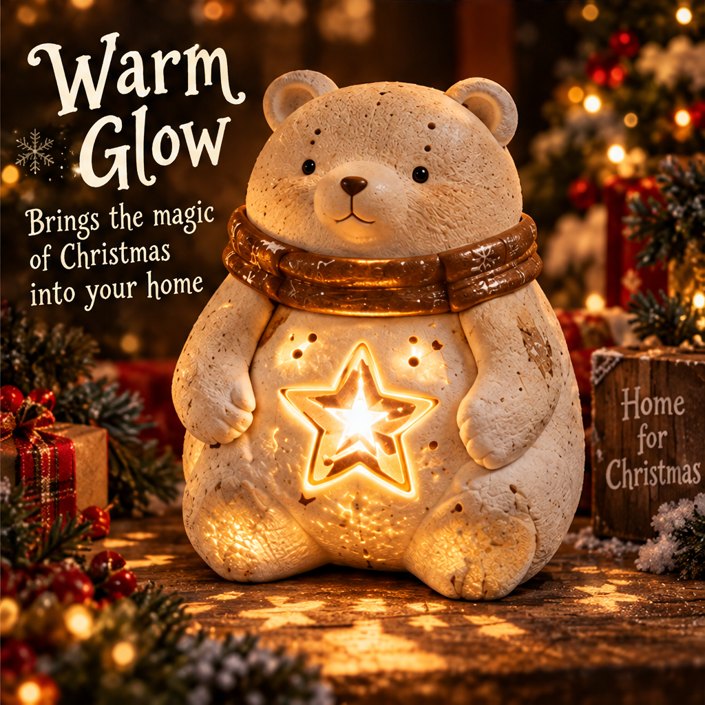 Christmas bear facing forward with a warm glowing star in a festive display with gifts and greenery