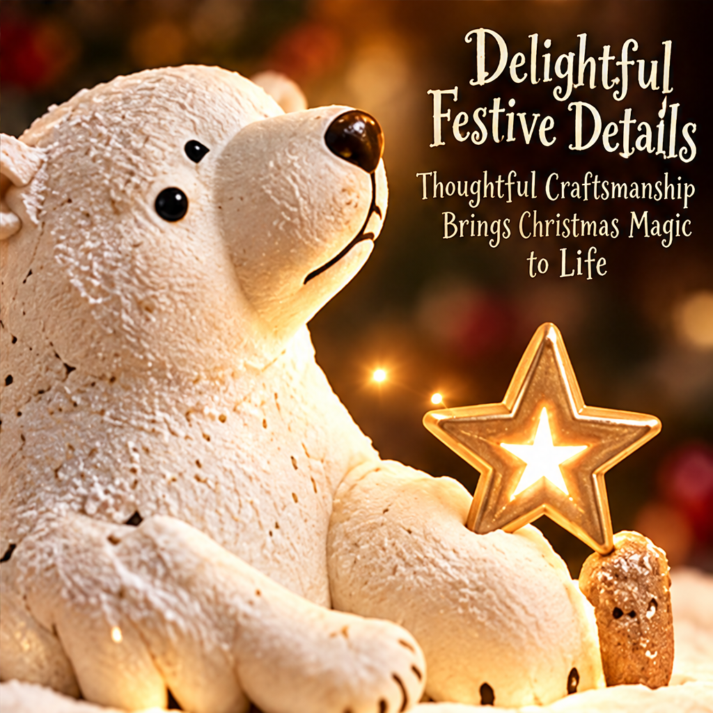 Close-up of the white polar bear's textured face and paws beside a glowing gold-tone star.