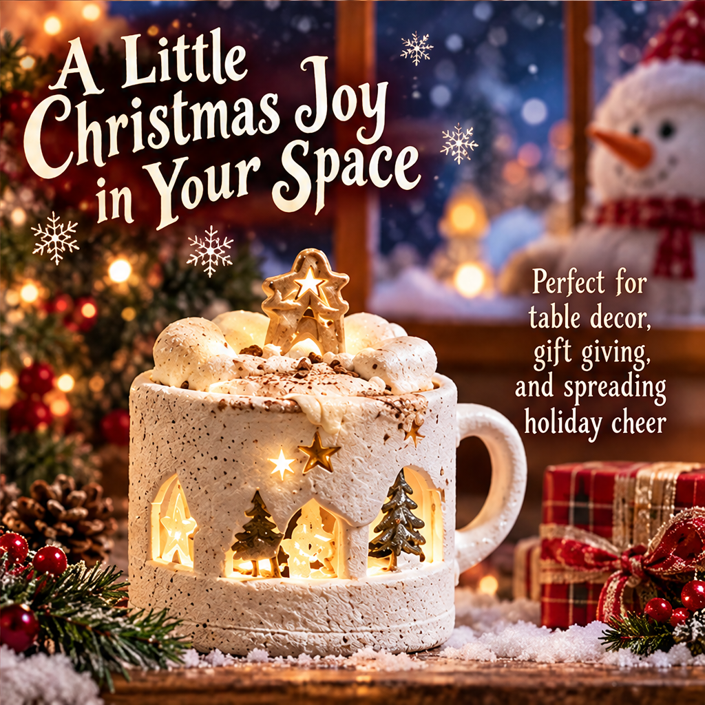 Opposite view of the mug decoration showing festive tree cutouts, a snowman and warm light.