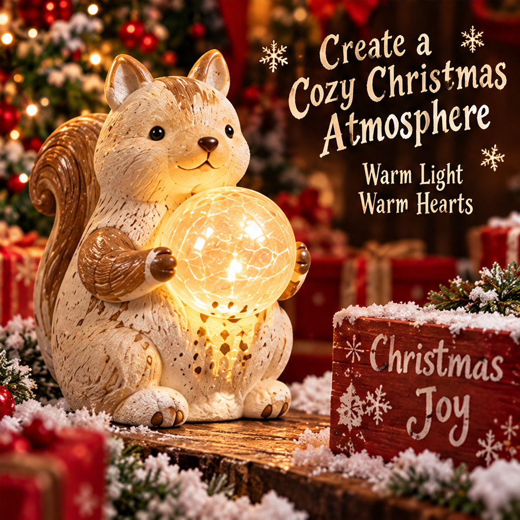 Front angled view of the squirrel holding a warm glowing orb in a cozy Christmas display