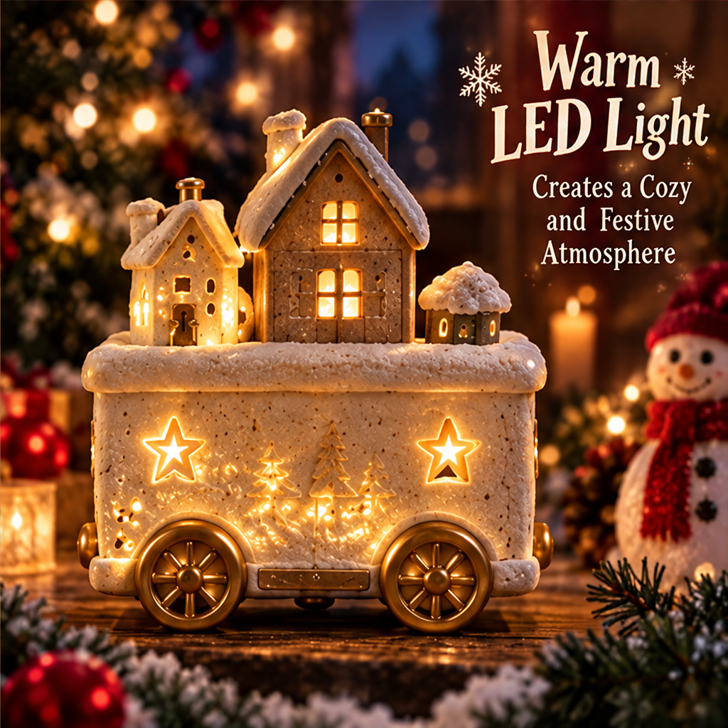 Christmas village train car glowing in a festive scene with text identifying warm LED lighting.