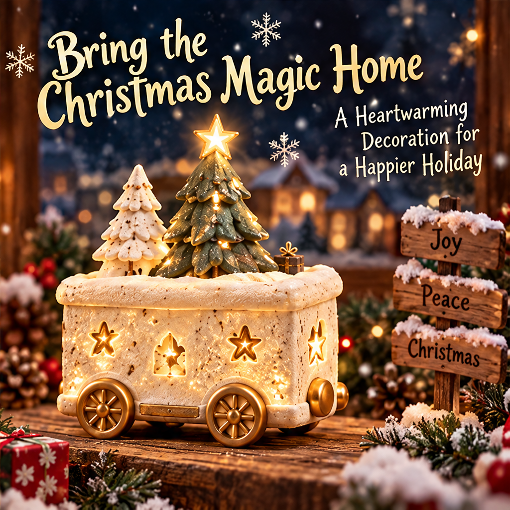 Opposite angled view of the Christmas tree train car with Bring the Christmas Magic Home text.