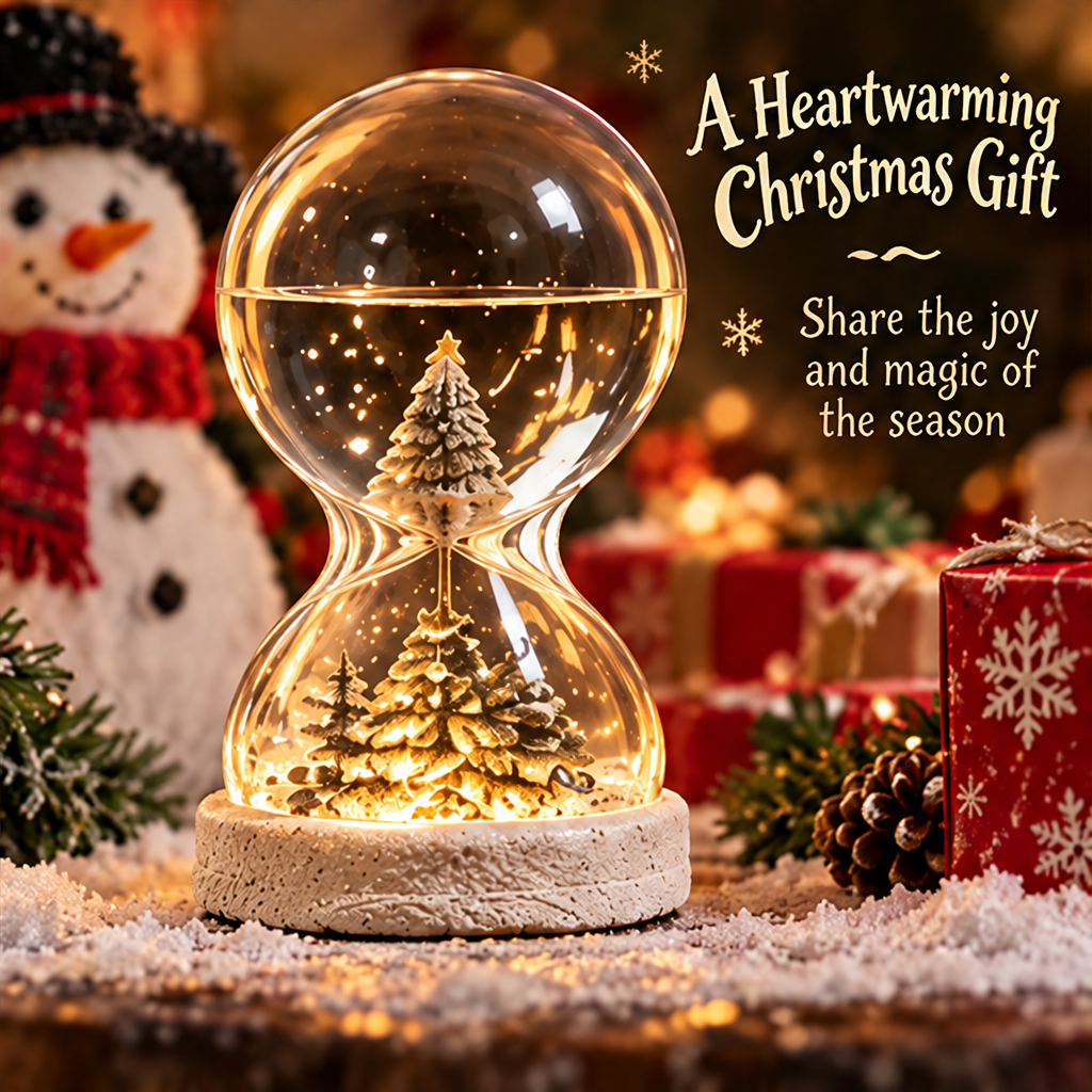 Christmas tree hourglass decoration beside a snowman and gifts with A Heartwarming Christmas Gift text.