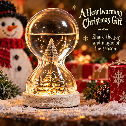 Christmas tree hourglass decoration beside a snowman and gifts with A Heartwarming Christmas Gift text.
