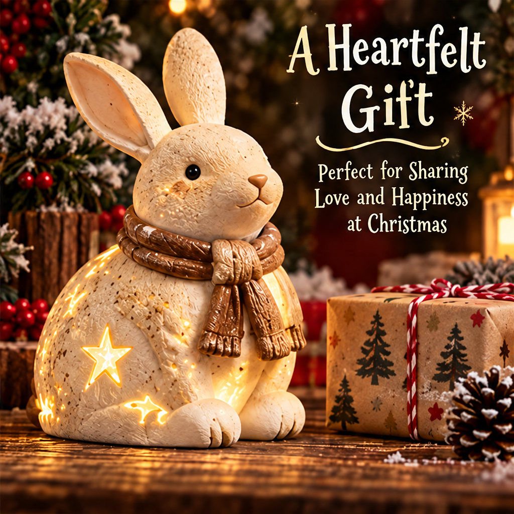 Scarf-wearing Christmas bunny with glowing stars beside a wrapped gift in a festive setting