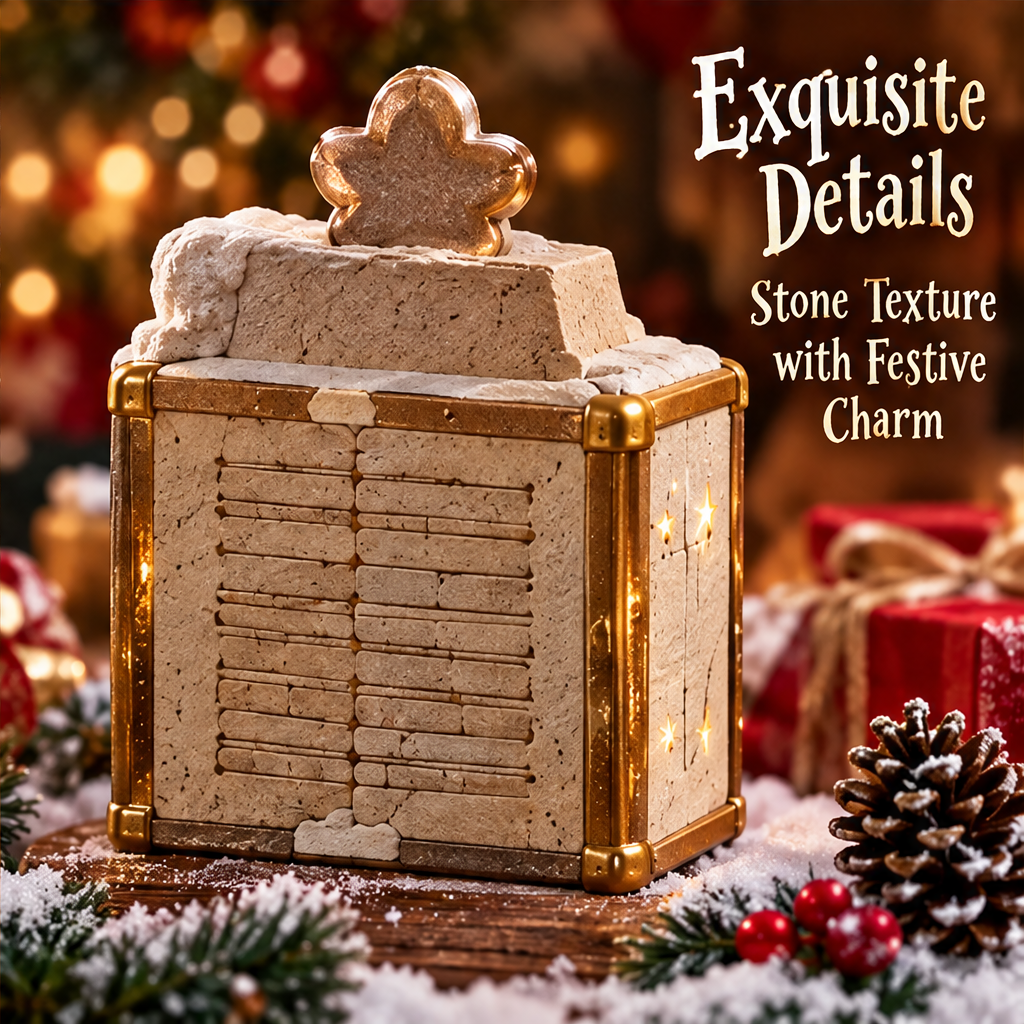 Close-up of the snowman holding an illuminated star with text identifying warm LED lighting.