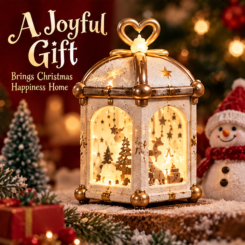 Glowing Christmas lantern beside a snowman and gifts with A Joyful Gift text.