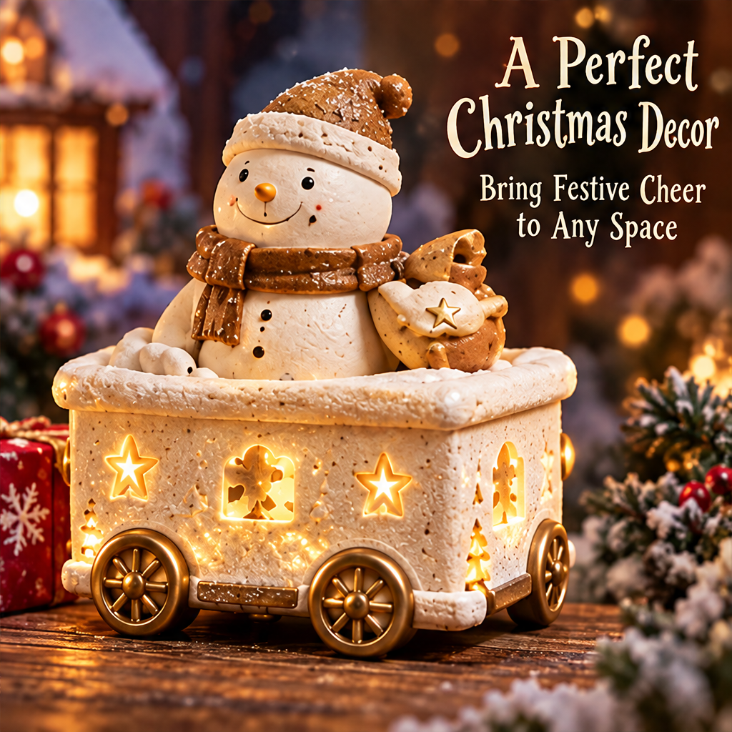 Snowman train car beside festive greenery and gifts with Bring Festive Cheer to Any Space text.