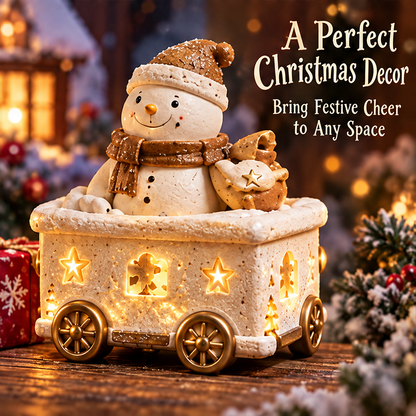 Snowman train car beside festive greenery and gifts with Bring Festive Cheer to Any Space text.
